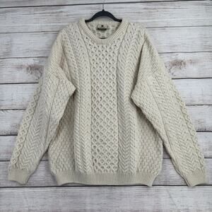 Carraigdonn Merino Wool Cable Knit Crewneck Sweater Mens XXL Ivory White Ireland